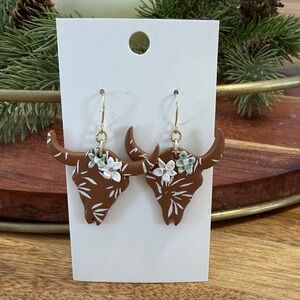 Brown Bull Skull Clay Earrings with Floral Accents
